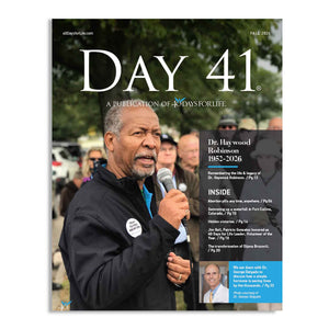 Front cover of Day 41 magazine, Fall 2026 issue, featuring Dr. Haywood Robinson speaking into a microphone.