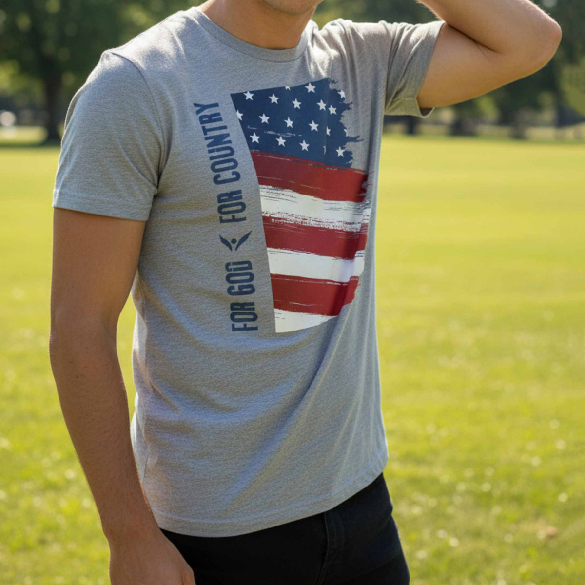 Gray 40 Days for Life t-shirt with American flag design and 'For God and Country' text