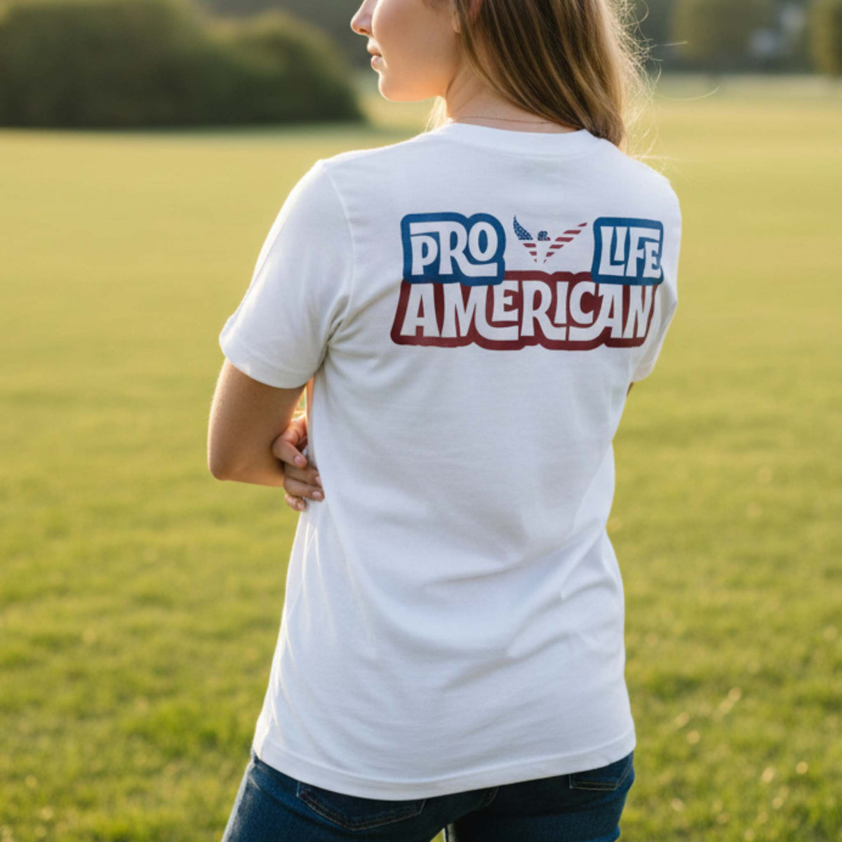 White 40 Days for Life t-shirt with 'Pro Life American' text on the back