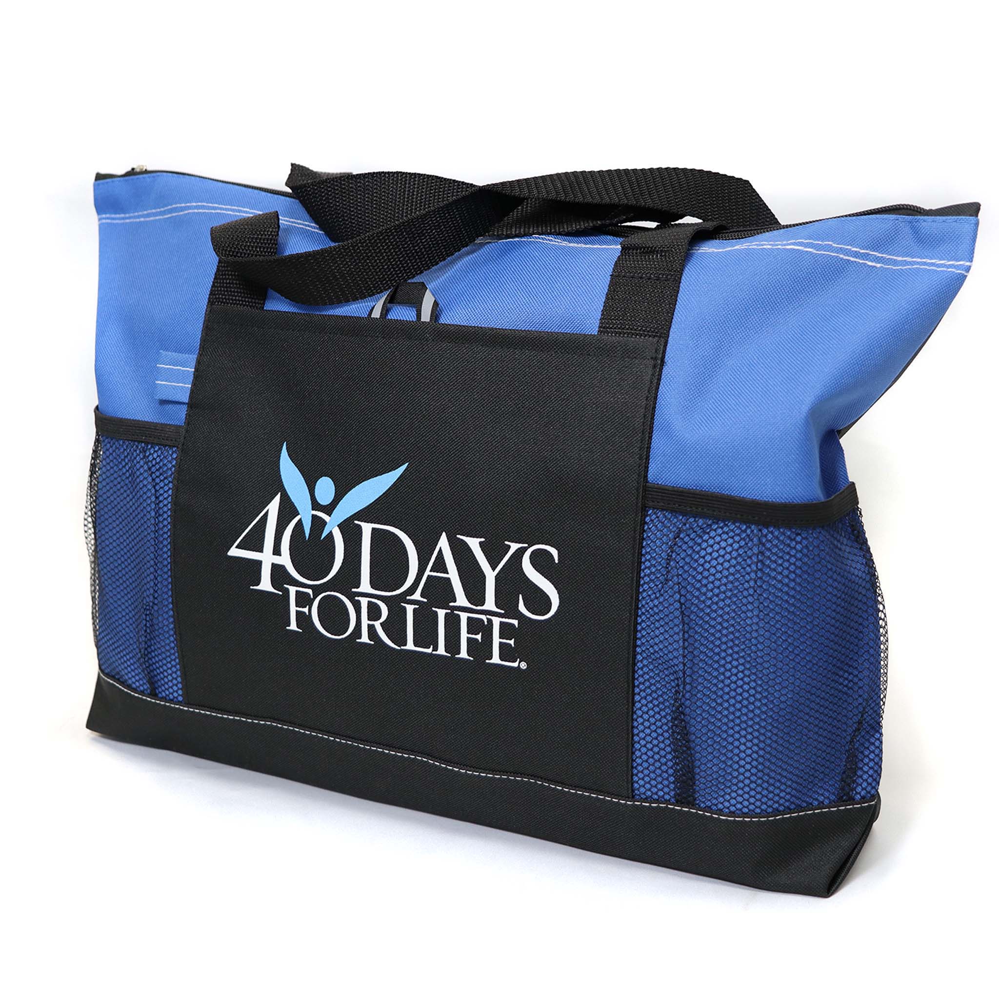 Blue tote bag with black top section featuring '40 Days for Life' logo on a white background