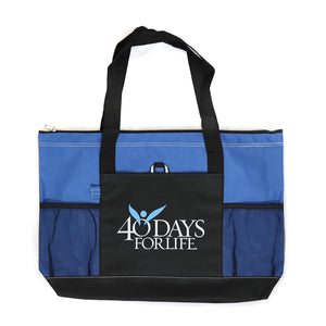 Black and blue tote bag with '40 Days for Life' logo on a white background